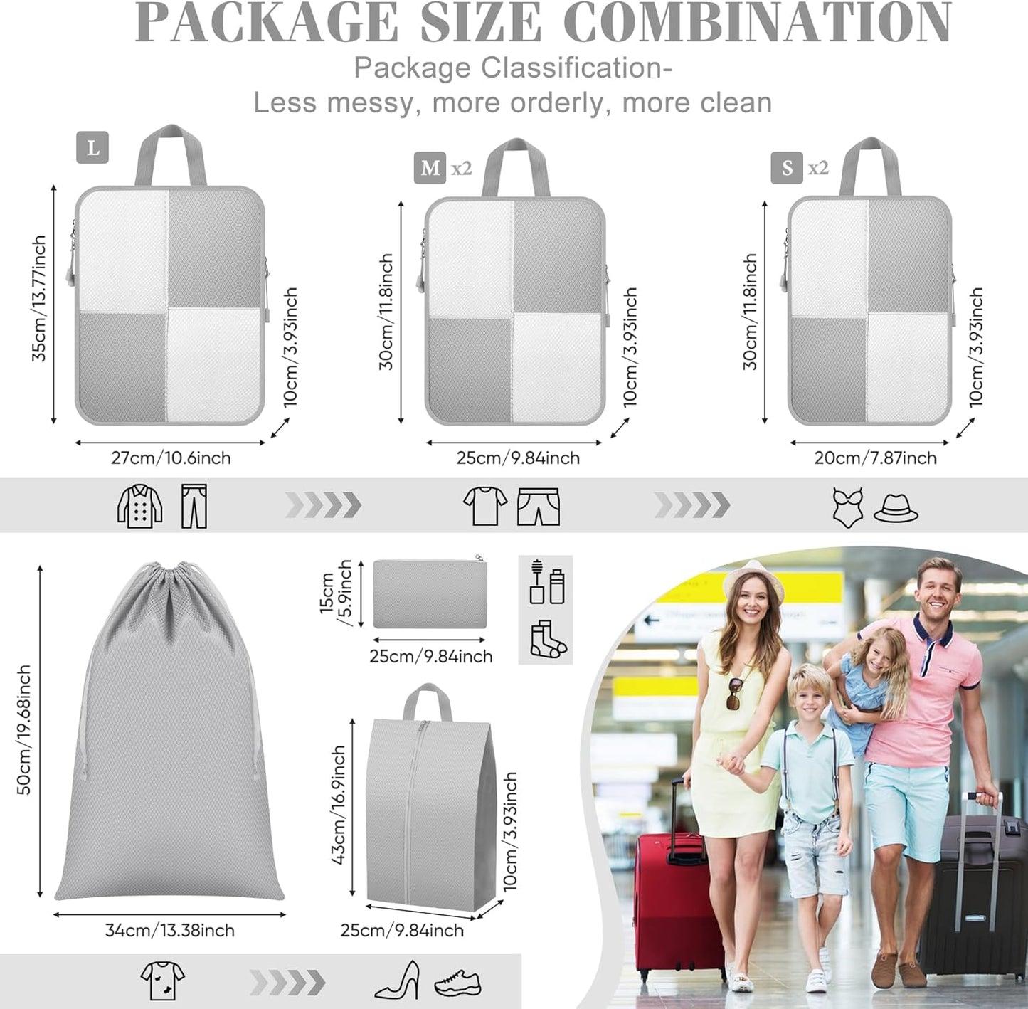 8 Set Compression Packing Cubes Travel, Lightweight Expandable Travel Cubes Suitcase Organizer for Carry On Luggage Suitcase, Grey