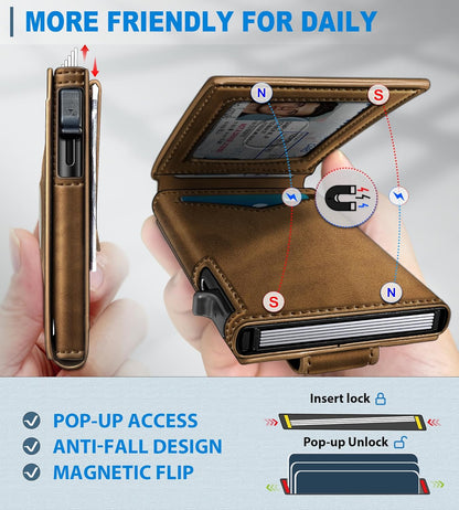 Airtag Wallet for Men,with Money Clip Gift Boxed,Slim Front Pocket Wallet RFID Blocking Metal Case Smart Pop-up Credit Card Holder in Magnetic Leather Flip