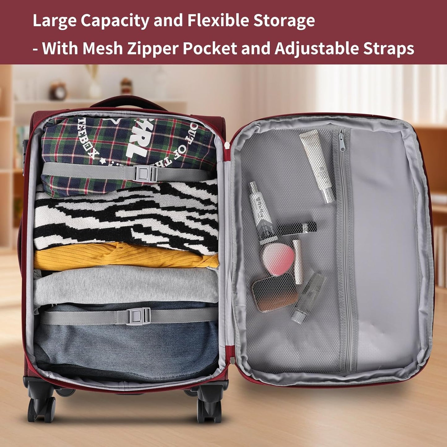 3-Piece Softside Expandable Luggage Set with Front Open Pocket, Lightweight and Durable Oxford Fabric Suitcase Set with TSA Lock (Burgundy Wine Red, 20in/24in/28in)