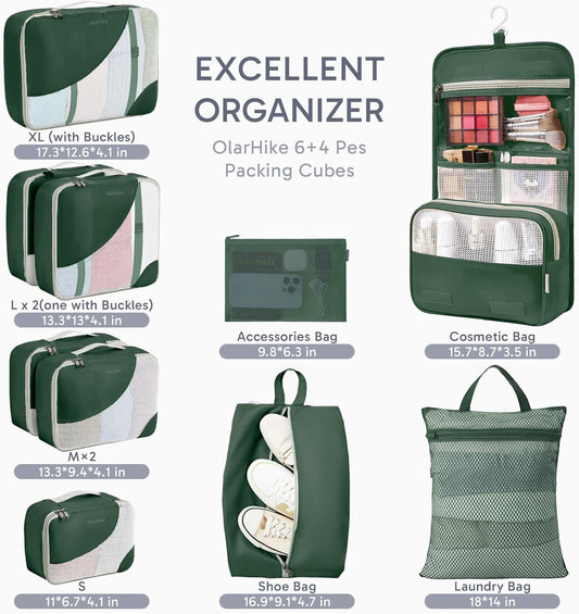 ALL INCLUDED 10 Set Durable Packing Cubes for Suitcases,OlarHike Essentials for Travel,UPGRADED Anti-Tear Stitching, NEW Improved Luggage Packing Organizers for Travel Accessories (Dark Green)