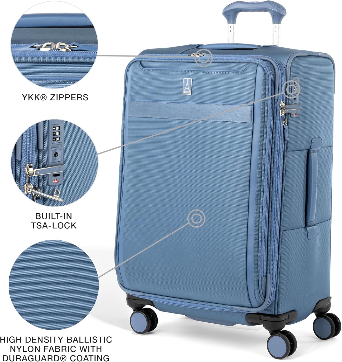 Travelpro VersaPack+ Lightweight Softside Expandable Checked Luggage, 8 Spinner Suitcase, TSA Lock, Men and Women, Checked Medium 25-Inch, Elemental Blue