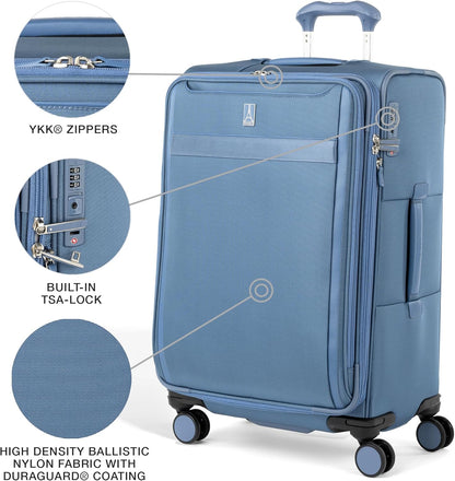 Travelpro VersaPack+ Lightweight Softside Expandable Checked Luggage, 8 Spinner Suitcase, TSA Lock, Men and Women, Checked Medium 25-Inch, Elemental Blue