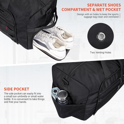 WITZMAN Foldable Duffle Bag for Travel 65L Lightweight Packable Duffel Bag with Shoes Compartment Overnight Bag for Men Women (B697 Black)
