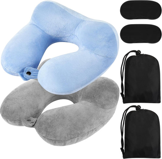 Sintuff 2 Pack Inflatable Travel Pillow for Airplanes Inflatable Neck Flight Pillows with Compact Bag and Blindfold for Traveling, Airplane, Train, Car, Office(Light Gray and Sky Blue)