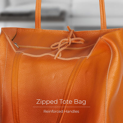 Italian Calf Leather Tote for Women with Zipper, Inner Pocket & Flat Base | Soft Unlined Shopper for Work & Travel
