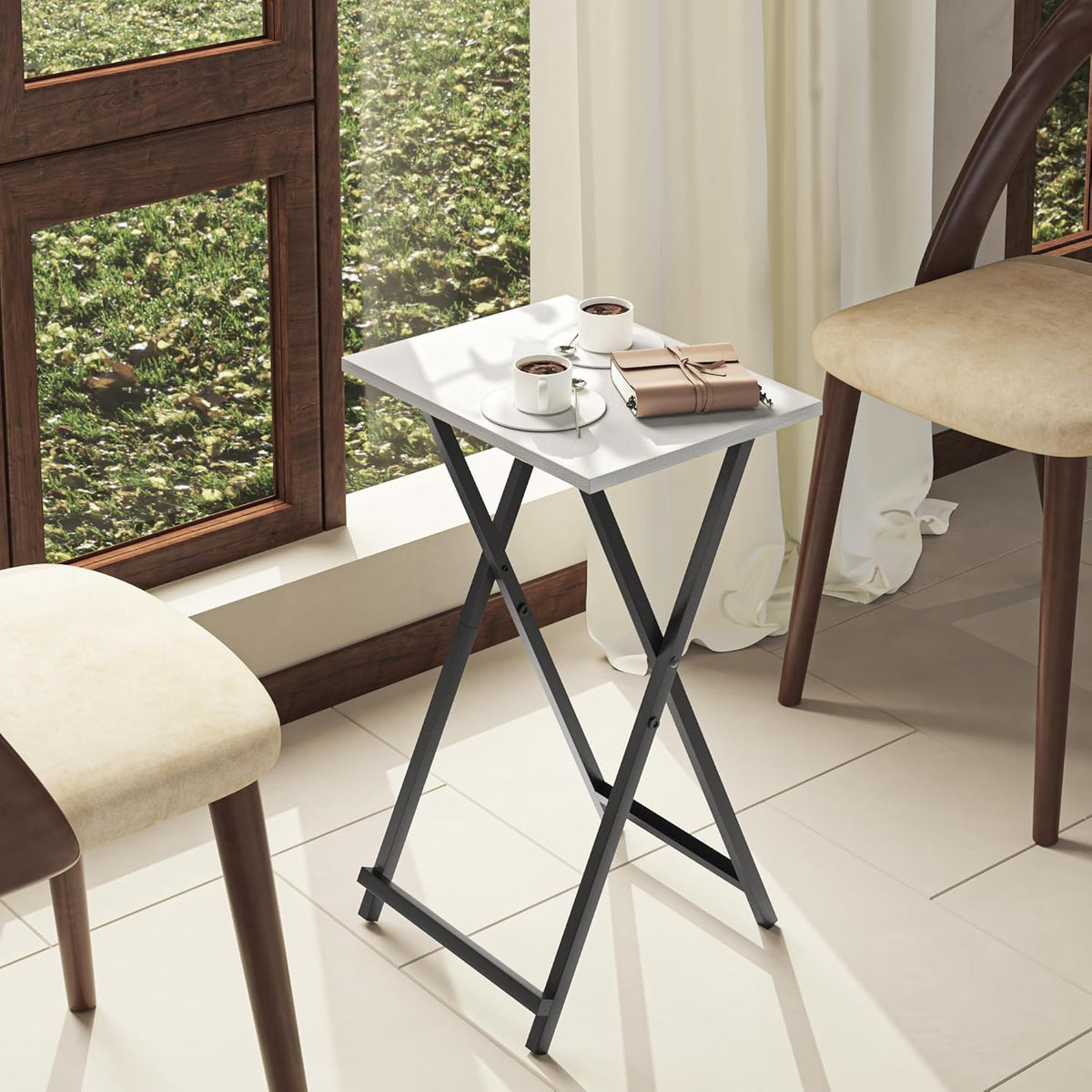 Foldable TV Trays, Small Folding Table, TV Trays Set of 2, TV Dinner Tray, Side Table for Bed, Couch, Portable Easy to Move, White