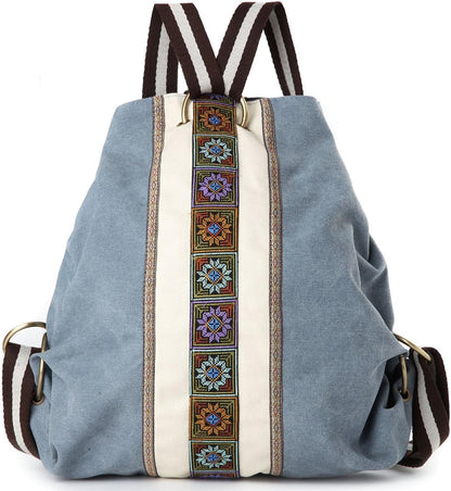 Goodhan Women Canvas Backpack Daypack Casual Shoulder Bag, Vintage Heavy-duty Anti-theft Travel Backpack (Blue Grey)