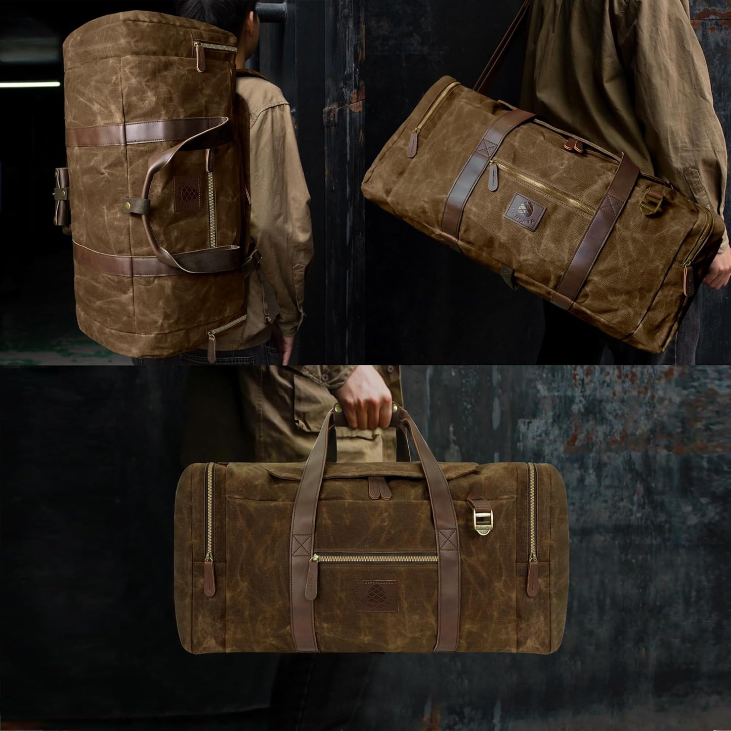 60L Travel Bags for Men, Nomad Washed Canvas Duffle Bag Vintage Genuine Leather Travel Duffel Bag Multifunctional Weekender Overnight Backpack with Shoes Compartment