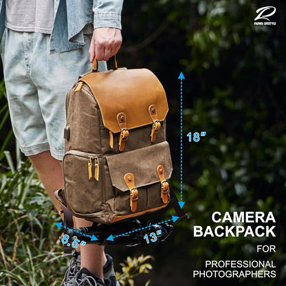 Padwa Lifestyle Khaki Camera Backpack - Weather Resistant Waxed Memory Canvas Camera Backpacks for Photographers,Multi DSLR SLR Camera Bag with 16” Laptop & Lens Compartment and Tripod Holder
