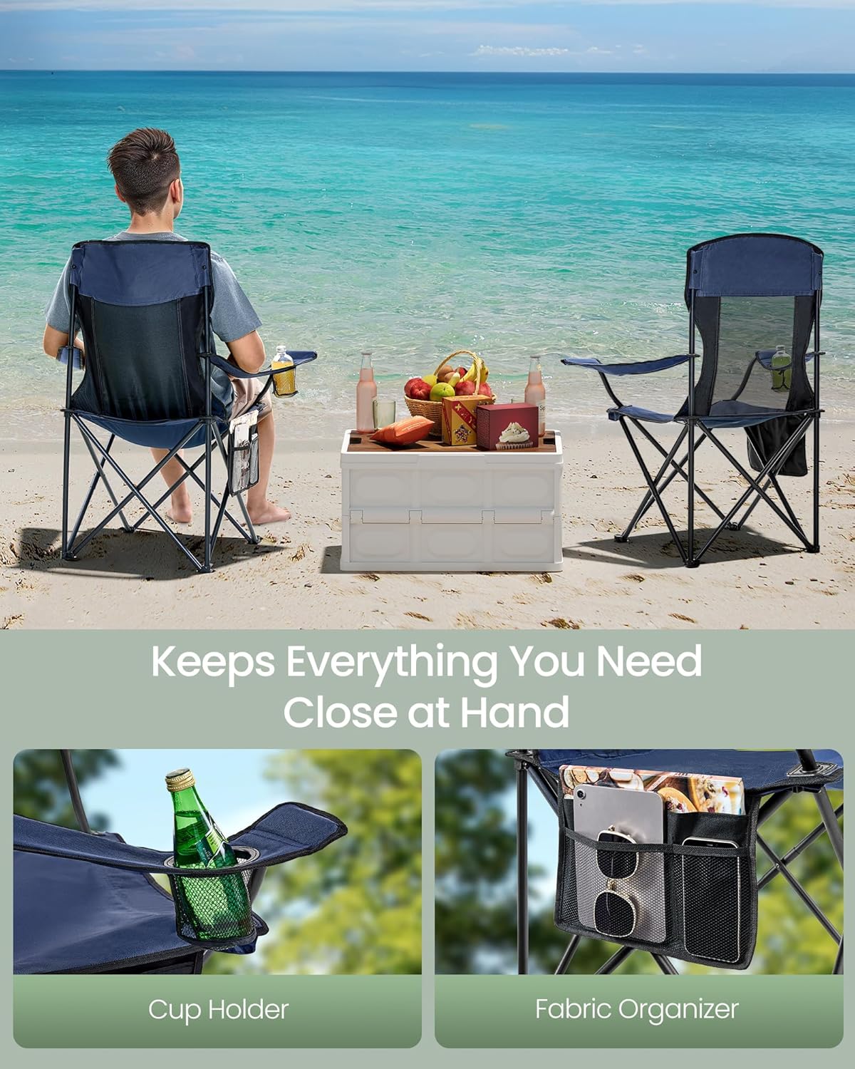 SONGMICS Breathable Camping Chairs, Foldable Outdoor Chairs Set of 2, High Back, Adjustable Armrests, Drink Holder, Weight Capacity 330 lb, for Sports Garden Backyard, Harbor Blue UGCB028Q01