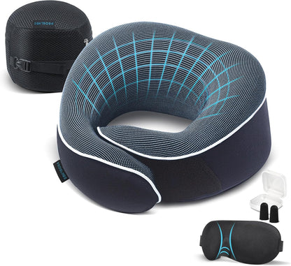 Orthopedic Neck Pillow Travel Neck Pillows for Airplanes, Memory Foam Kit, Updated Resting Material, Airplane Travel Set with 3D Contoured Eye Masks, Earplugs, and Luxury Mesh Bag (Blue)