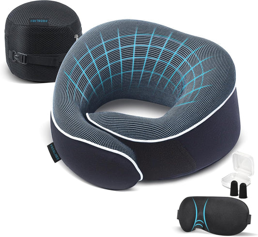 Orthopedic Neck Pillow Travel Neck Pillows for Airplanes, Memory Foam Kit, Updated Resting Material, Airplane Travel Set with 3D Contoured Eye Masks, Earplugs, and Luxury Mesh Bag (Blue)