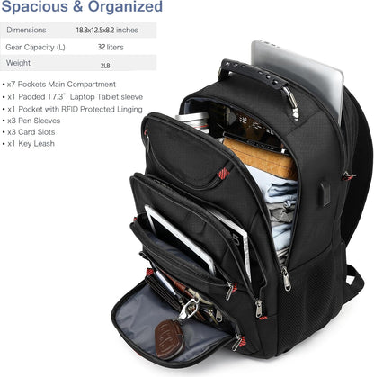 Boavan Laptop Backpack for men, 17.3 inch Laptop Bag with USB Port, Waterproof Travel Work Backpack Purse, Anti-Theft Teacher Nurse Doctor Casual Bookbags Office Business backpack ，Black