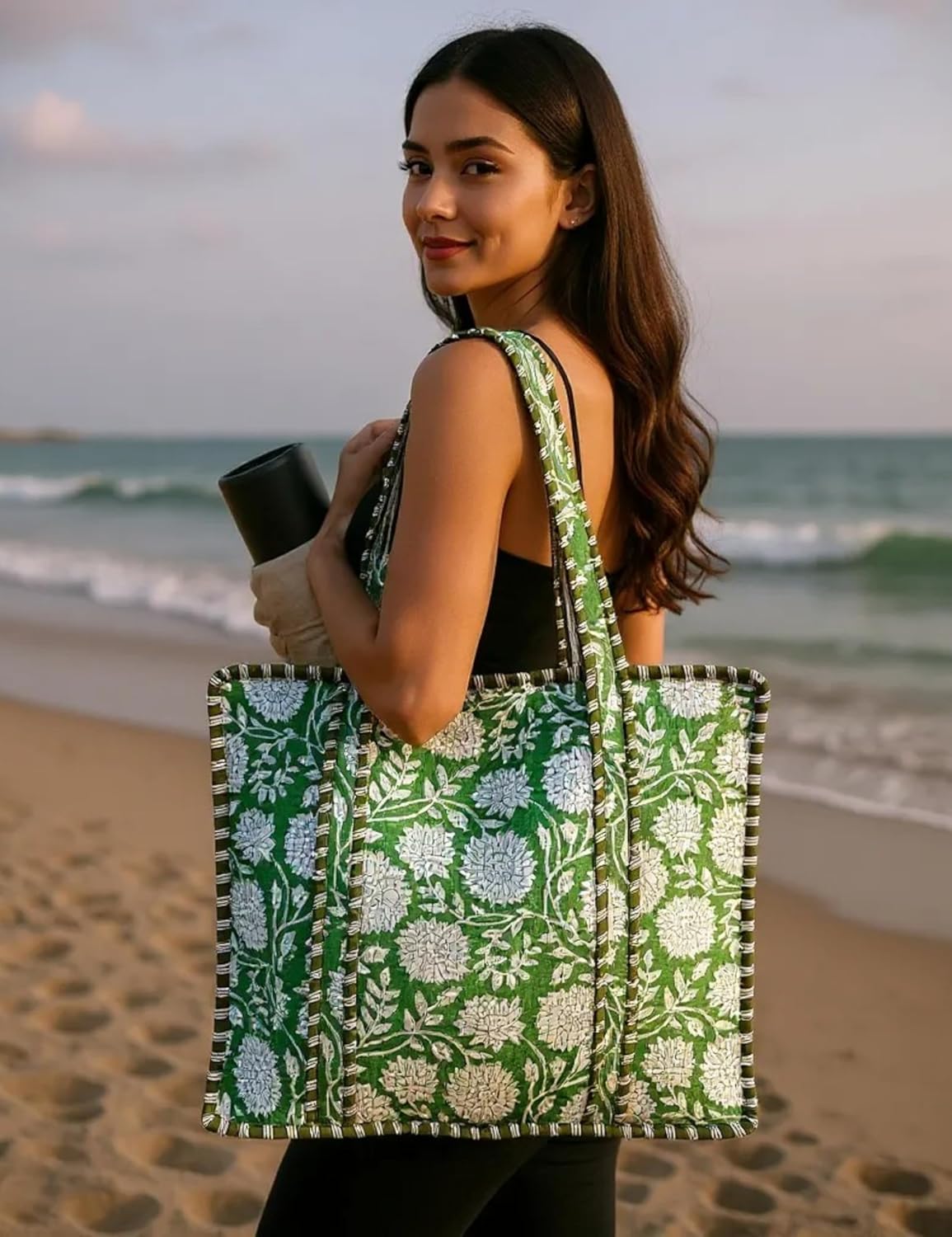 Cotton Quilted Tote Bag for Women – Large Beach & Travel Tote with Zipper, Reusable Grocery Bag