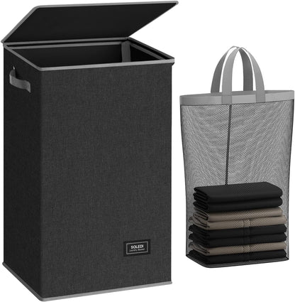 SOLEDI Laundry Hamper with Lid 90L Large & Tall Collapsible Laundry Basket, Clothes Hamper with Bag Removable Easy to Carry, Dirty Hampers for Bedroom, Bathroom, Dorm, College, Dark Grey
