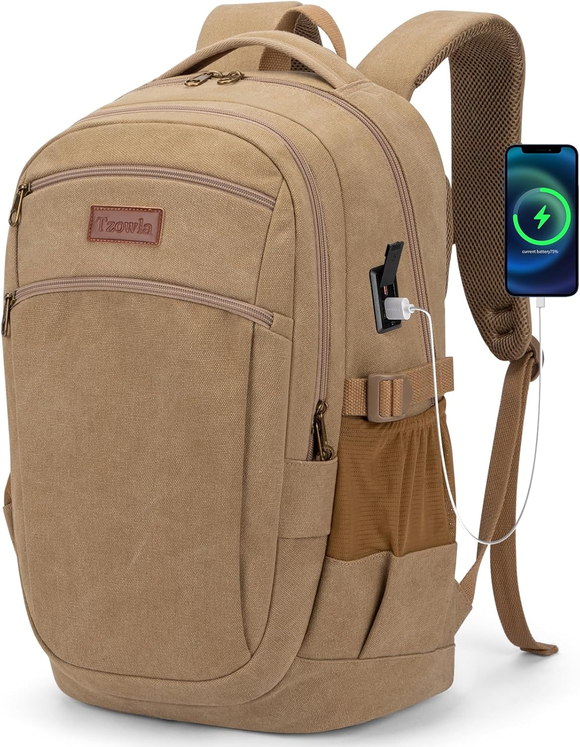 Tzowla Vintage Canvas Laptop Backpack for Men and Women,College Travel Work Rucksack with USB/Type-C Charging Port,Lightweight Bookbag Hiking Casual Daypack Backpacks Fit 15.6 Inch Notebook(Khaki)