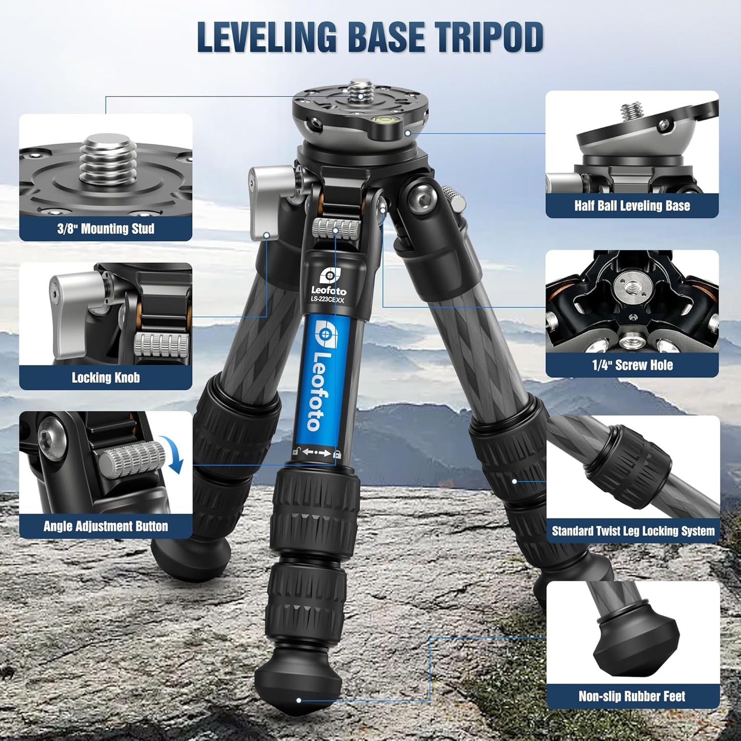 Carbon Fiber Mini Tabletop Tripod with Leveling Base for Camera, 360° Rotating Portable Tripod with 3/8" Screw for DSLR/Phone Holder/Projector, A Bubble Level, Folded Length 8.54", Max Load 11LB