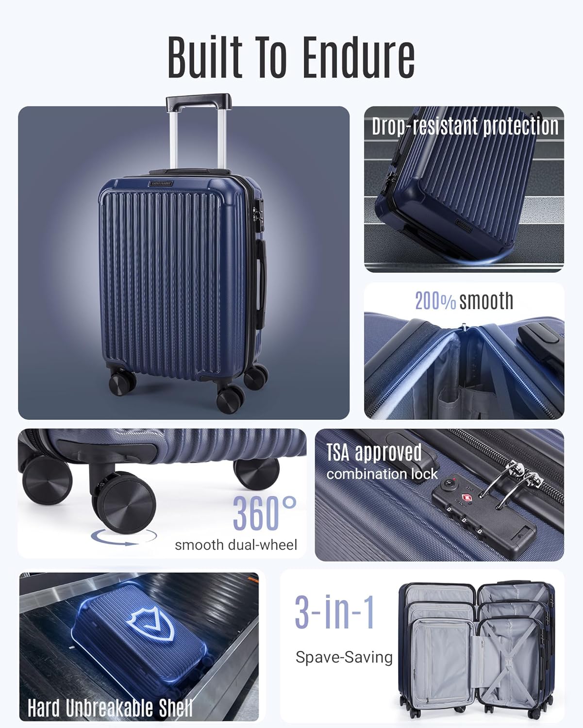 LIGHT FLIGHT Luggage Sets, Durable Hard Shell 3 Piece Set Suitcase with Spinner Wheels, Hardside Lightweight Luggage set with TSA Lock, Large Travel Luggage Set (20" 24" 28"), Navy Blue
