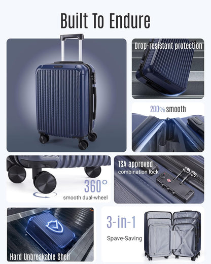 LIGHT FLIGHT Luggage Sets, Durable Hard Shell 3 Piece Set Suitcase with Spinner Wheels, Hardside Lightweight Luggage set with TSA Lock, Large Travel Luggage Set (20" 24" 28"), Navy Blue