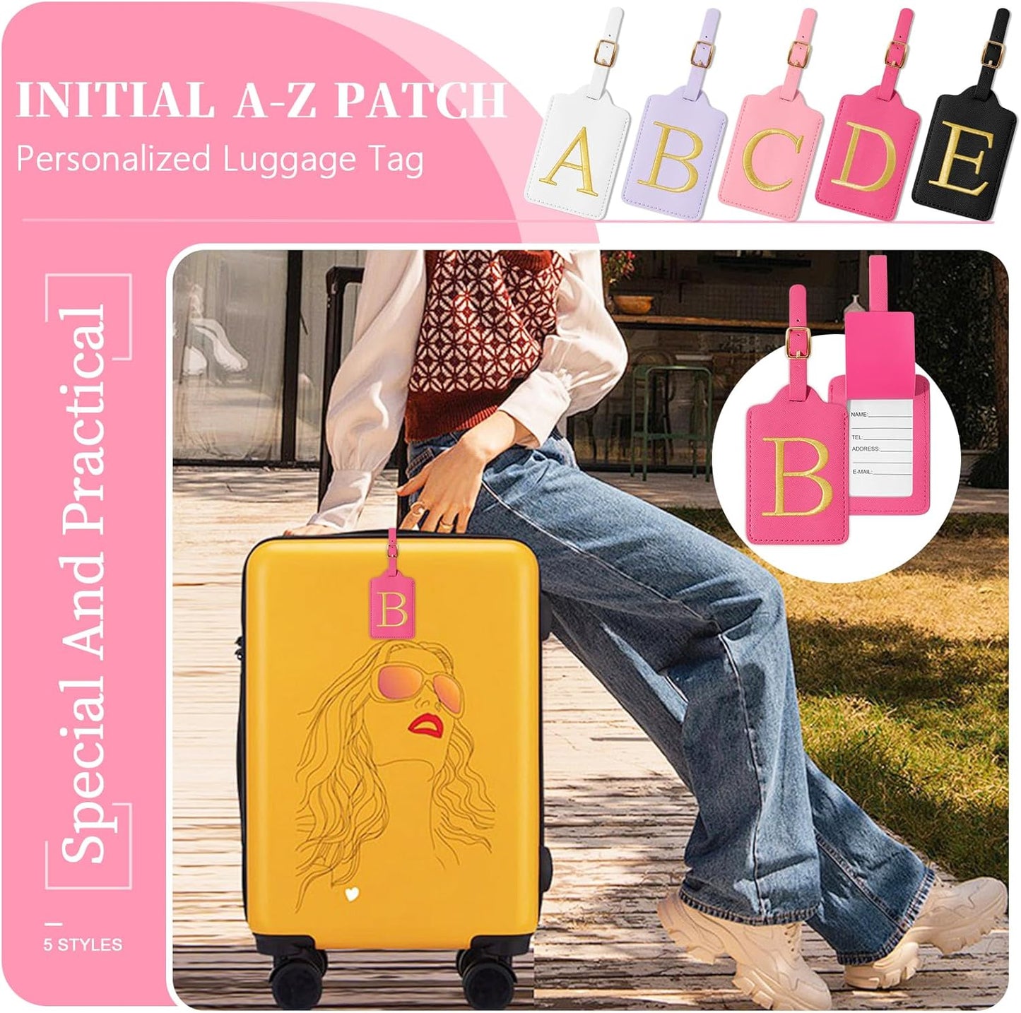 izuzta Personalized Initial Luggage Tags, Rose Red Leather, Embroidered Custom Monogram, Privacy Cover, TSA Approved, 1 Count, Rectangular, Luggage Tag