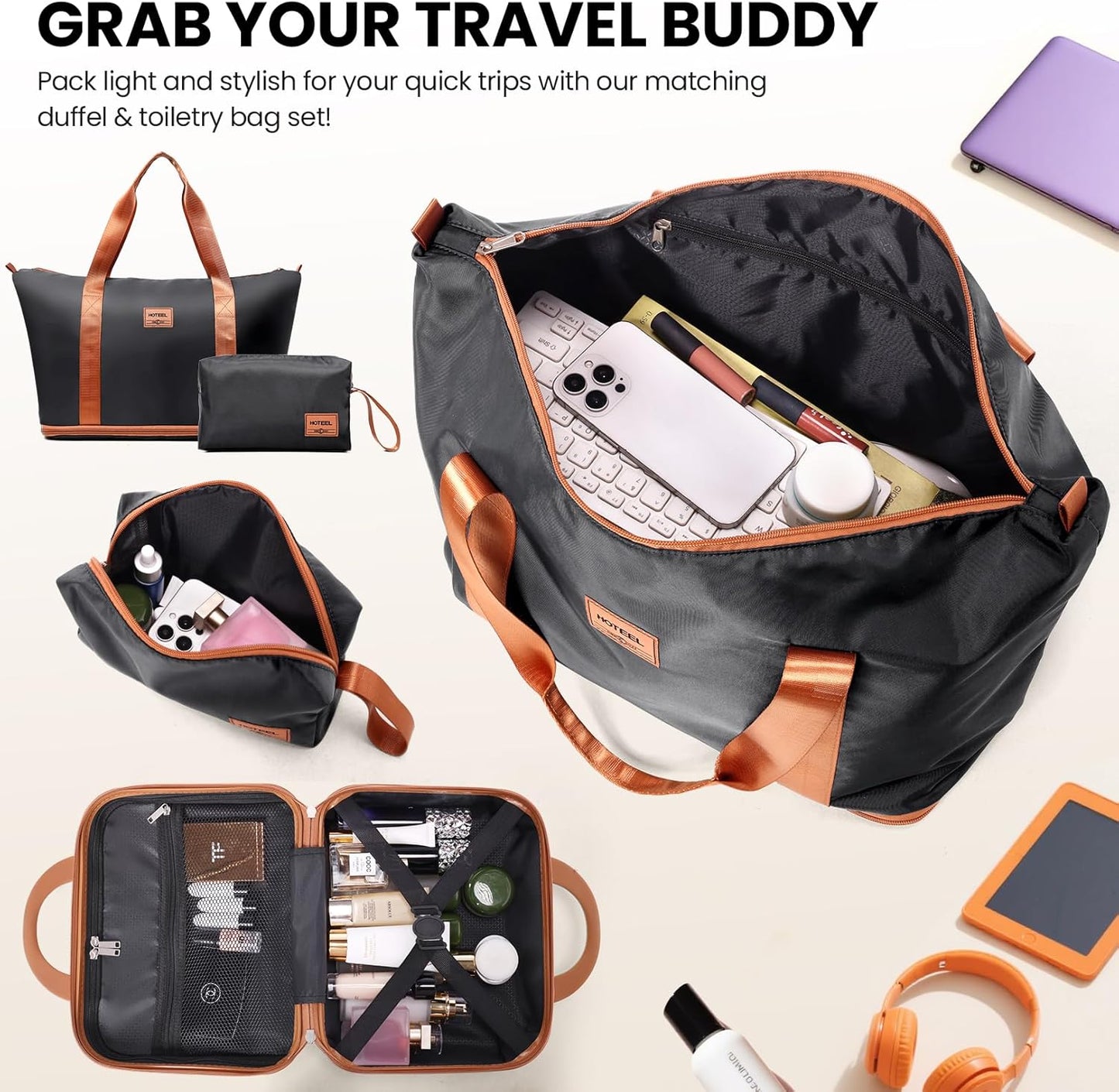 Hoteel 4 Piece Luggage Set (4-YEAR WARRANTY) Carry on ABS+PC Hard Shell Suitcase with Spinner Wheels & TSA Lock (Black)