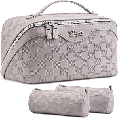 Travel Makeup Bag Organizer Cosmetic Bag: 3 Pcs Set Make up Bags for Women with Handle - Waterproof Vegan Leather Toiletry Bags with Comparments (C-13-Gray)