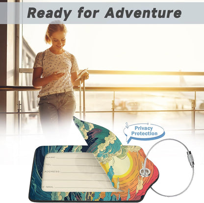 2 Pack Luggage Tag for Suitcase, Waves Sunrise Leather Bag Tags Identifiers Privacy Cover ID Label with Durable Steel Loop for Women Men Kids Girls Travel