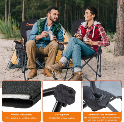 EMERIT Oversized Padded Camping Chair, 350LB Heavy Duty Quad Fold Chair with Arms, Collapsible Outdoor Chairs with Lumbar Back & Cup Holder Black