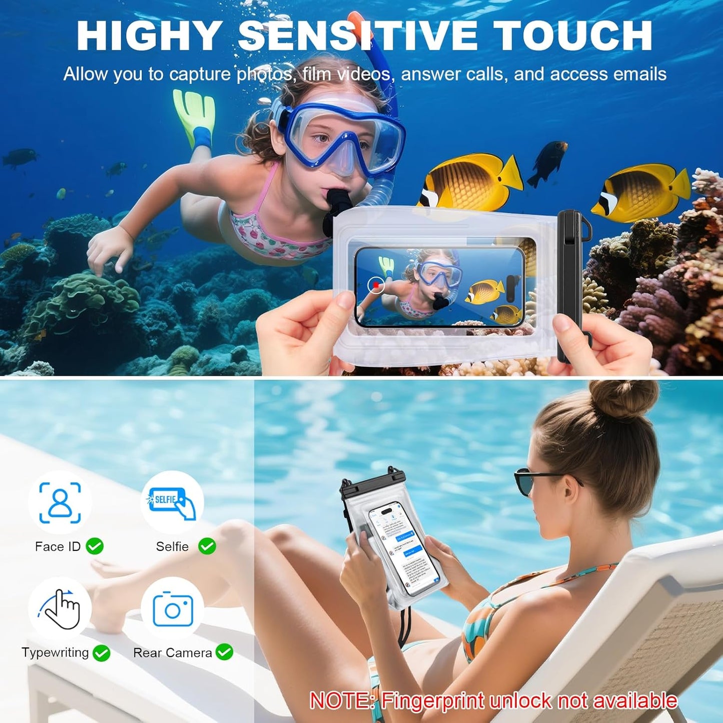 2 Pack Large Waterproof Phone Pouch, Waterproof Phone Case for iPhone 16 15 14 13 Pro Max Galaxy S25 S24 All Devices, IPX8 Double Sealing, Floating Water Proof Bag for Beach Swimming Pool