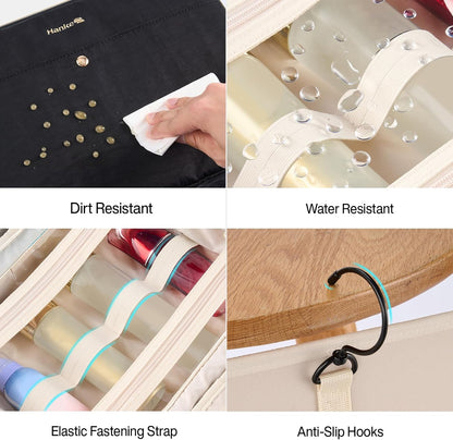 Hanke Hanging Travel Toiletry Bag for Women with Jewelry Organizer Compartment, Travel Essentials Toiletries and Makeup Bag, Water-Resistant & Stain-Resistant with Trolley Strap (Black)