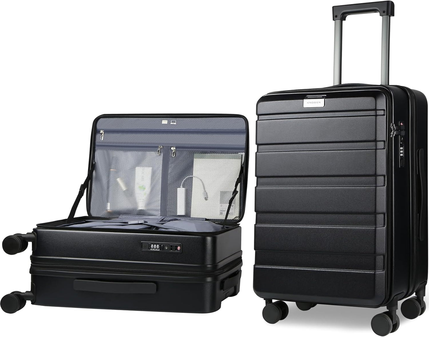 KROSER Carry On Luggage with Spinner Wheels & Built-in TSA Lock, Expandable Top Loading Hard Shell Suitcase Large Capacity Durable Rolling Luggage with USB Port, Carry-On 20-Inch, Black