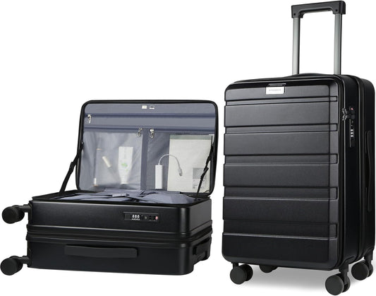 KROSER Carry On Luggage with Spinner Wheels & Built-in TSA Lock, Expandable Top Loading Hard Shell Suitcase Large Capacity Durable Rolling Luggage with USB Port, Carry-On 20-Inch, Black