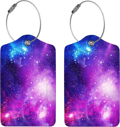 2 Pcs Luggage Tags for Suitcase, Cute Unique PU Leather Travel Bag Tag with Privacy Cover ID Label Address Card and Durable Metal Ring Suitable for Men Women Children Backpack,Purple Star River
