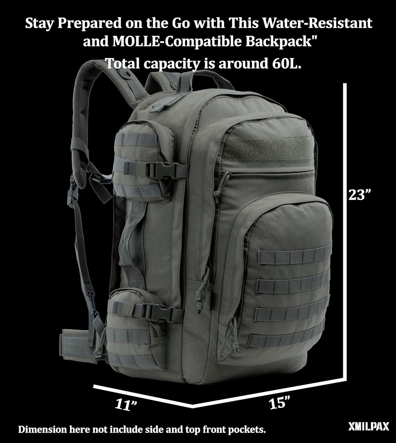 Large Tactical Backpack Bag with Stowable Shoulder Straps for Hiking, Camping, Traveling, Bug-Out 58L