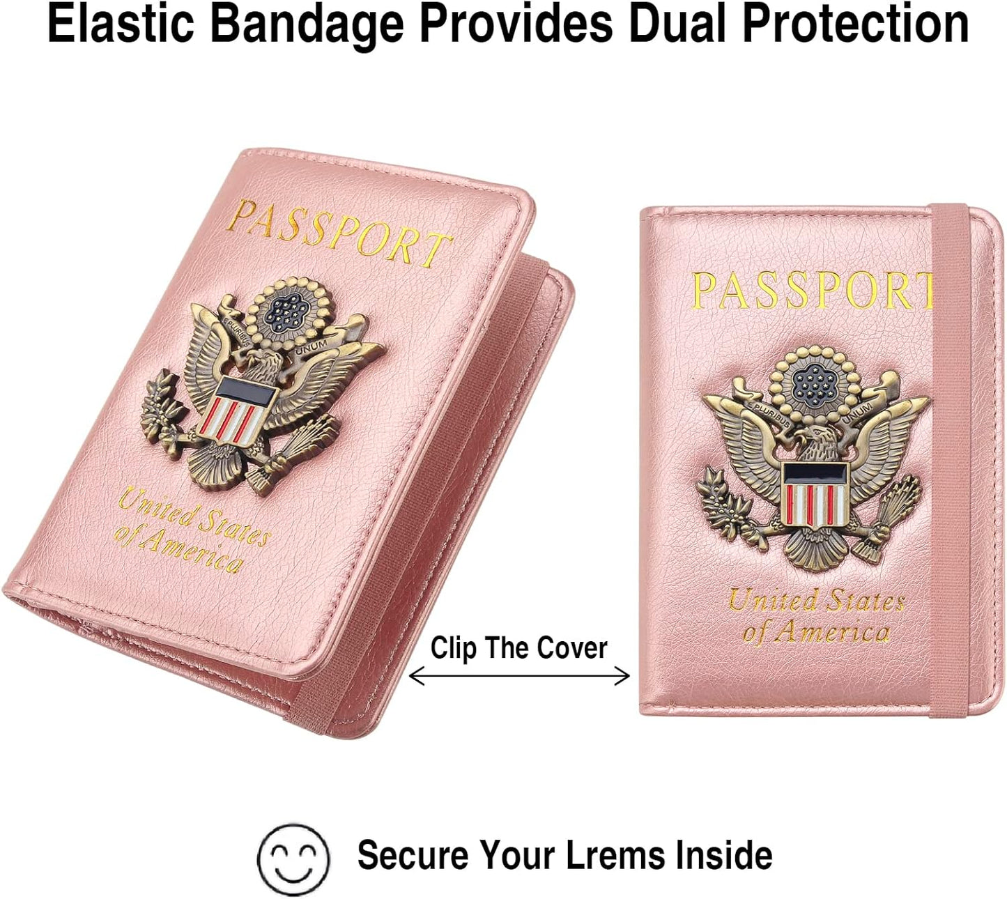 Passport Holder for Travel Passport Cover for Men Passport Wallet Case with Metal Badge Protector Leather Card Case RFID Blocking Women Travel Accessories Document Organizer (Rose Gold)