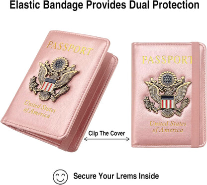 Passport Holder for Travel Passport Cover for Men Passport Wallet Case with Metal Badge Protector Leather Card Case RFID Blocking Women Travel Accessories Document Organizer (Rose Gold)