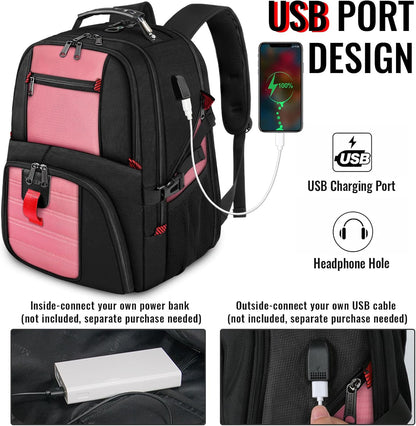 YOREPEK Travel Backpack, Extra Large 50L Laptop Backpacks for Men Women, Water Resistant College Backpack Airline Approved Business Work Bag with USB Charging Port Fits 17 Inch Computers, Pink