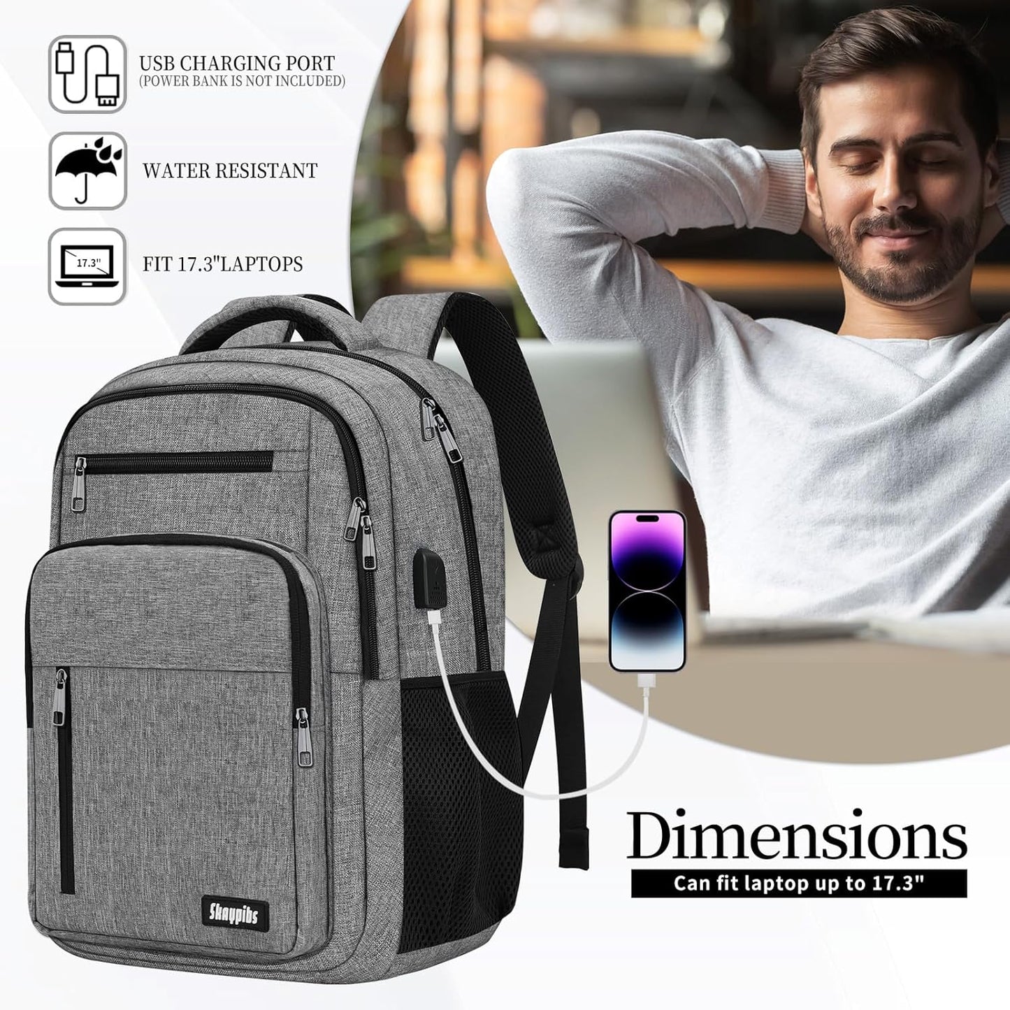 Backpack for Women Men, School Backpack for Boys Girls Teens, 17.3 Inch Laptop Backpack with USB Port, College Middle High School Bookbag, Water Resistent Business Mochila para hombre, Grey