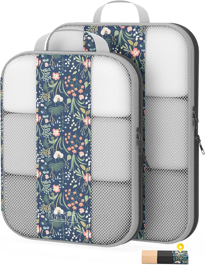 2 Set Compression Packing Cubes for Travel Essentials,Compressible Expandable Packing Cubes for Suitcase,OlarHike Luggage Organizer Bags for Travel(Dark Blue Floral)
