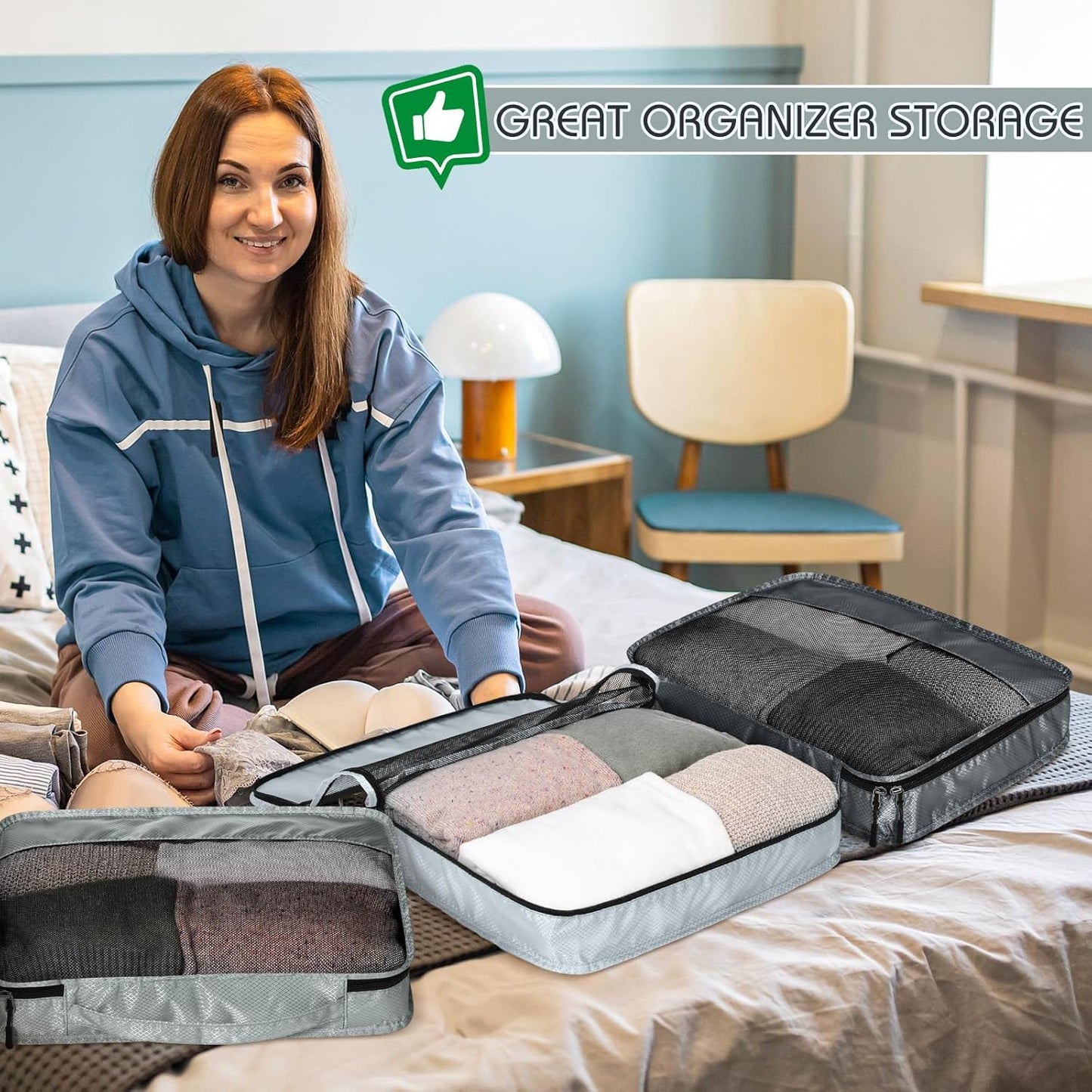 5 Pcs Packing Cubes for Suitcase Large Travel Cubes Carry on Luggage Organizer Bags for Clothes Accessories(S,Gray)