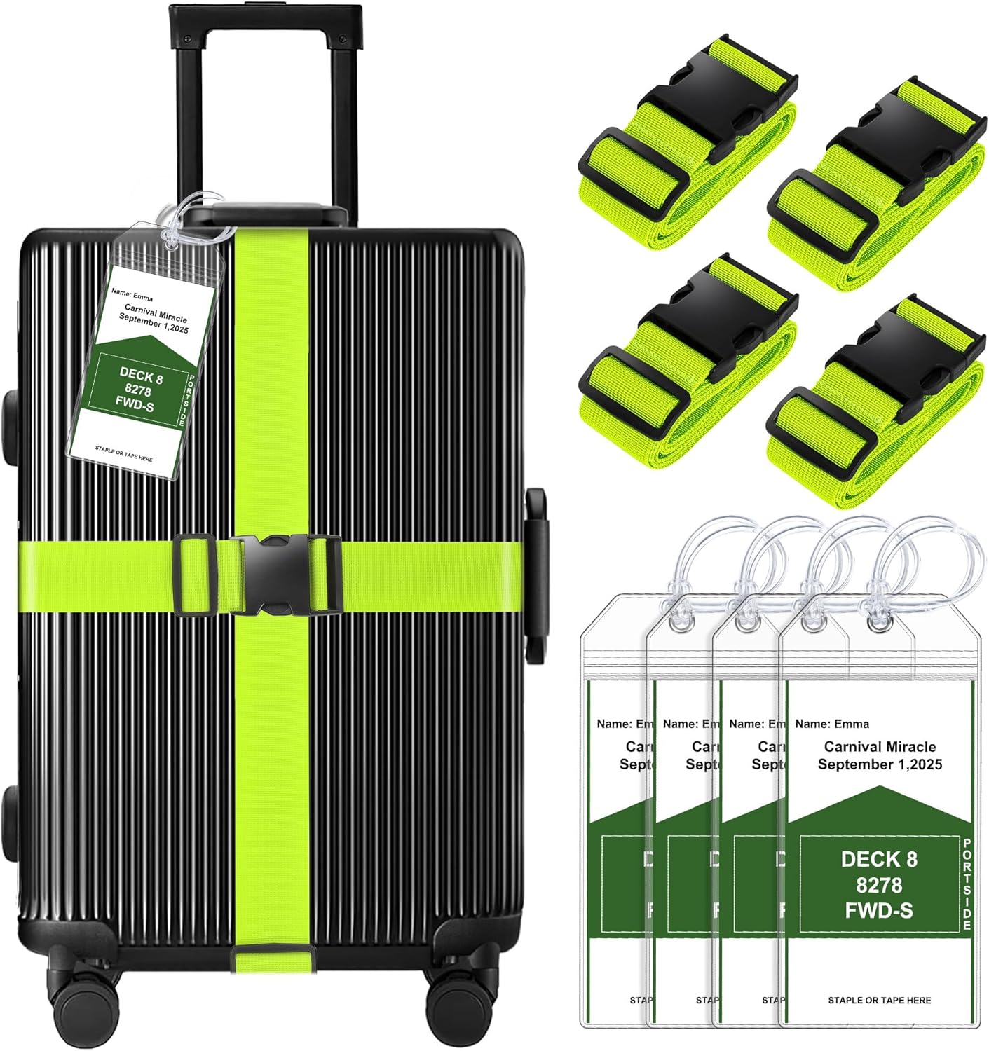 8 Pack Luggage Straps and Cruise Luggage Tags Set (4 Straps, 4 Wide Tags), Luggage Straps for Suitcases TSA Approved Suitcase Tags, Green