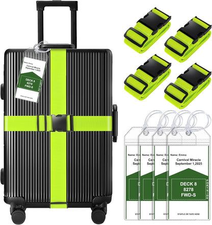 8 Pack Luggage Straps and Cruise Luggage Tags Set (4 Straps, 4 Wide Tags), Luggage Straps for Suitcases TSA Approved Suitcase Tags, Green