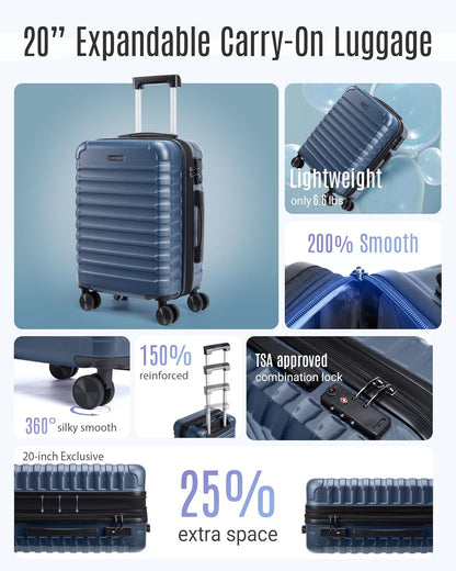 LIGHT FLIGHT Luggage Sets, Carry On Luggage 22x14x9 Airline Approved, Carry On Travel Bag Suitcases with Wheels, Expandable Hardside Lightweight Rolling with TSA Lock 2-Piece Set (DB/20),Beige
