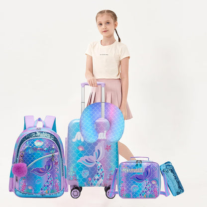 Cute Mermaid Kid’s Luggage Set 5 Piece Suitcase Set 16’’ Hardside Luggage with Spinner Wheels Girls Travel Rolling Luggage Carry on Luggage Airline Approved