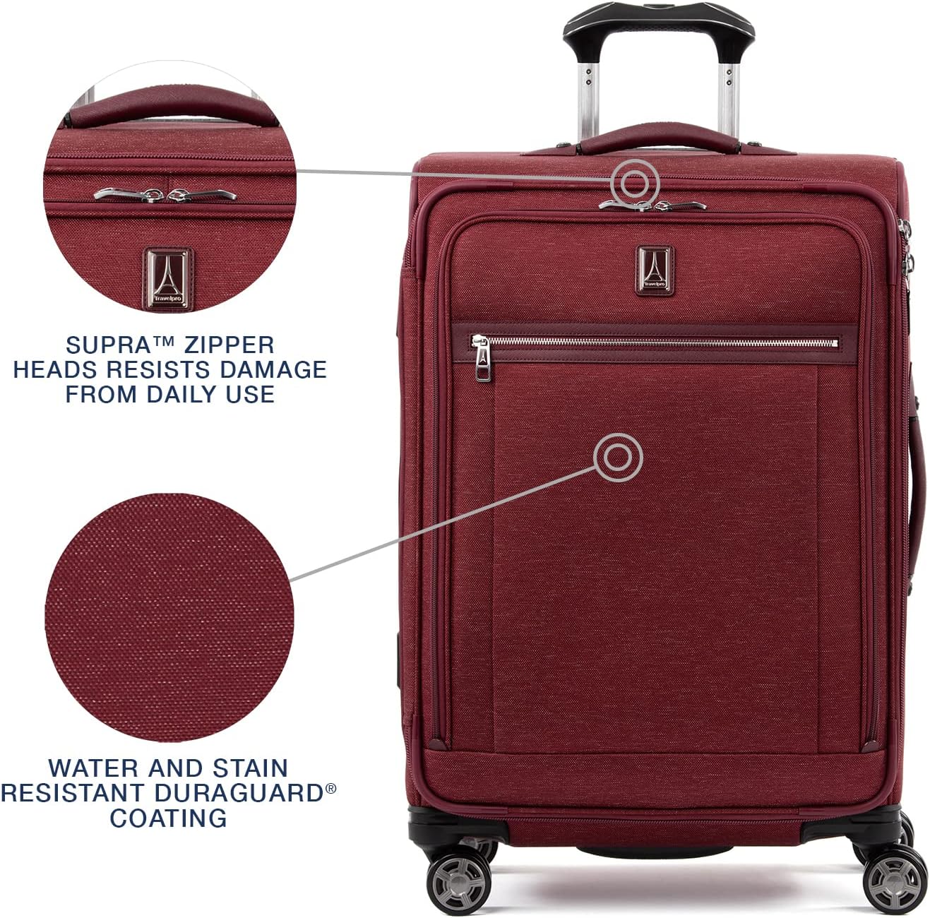 Travelpro Platinum Elite Softside Expandable Checked Luggage, 8 Wheel Spinner Suitcase, TSA Lock, Men and Women, Bordeaux Red, Checked Medium 25-Inch