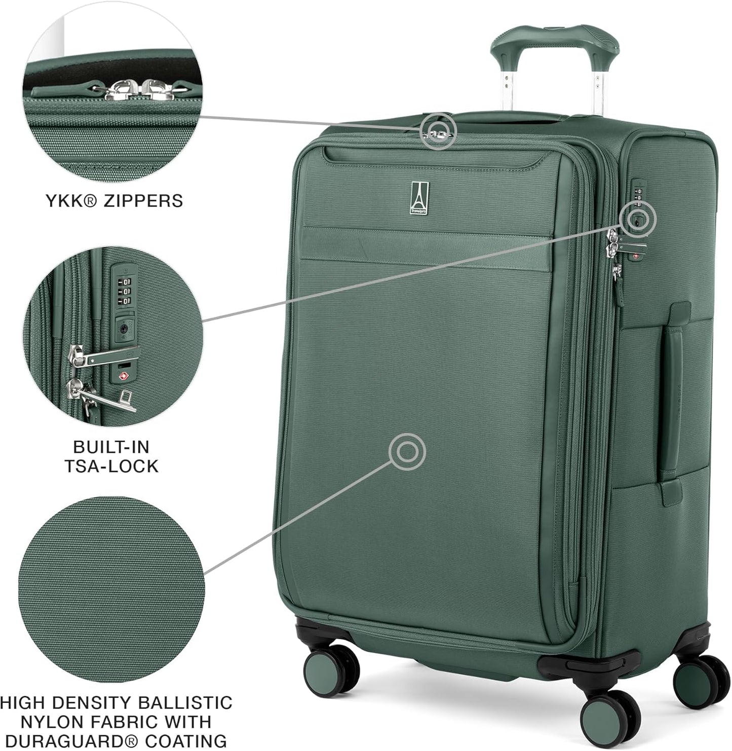 Travelpro VersaPack+ Lightweight Softside Expandable Checked Luggage, 8 Spinner Suitcase, TSA Lock, Men and Women, Checked Medium 25-Inch, Desert Sage Green