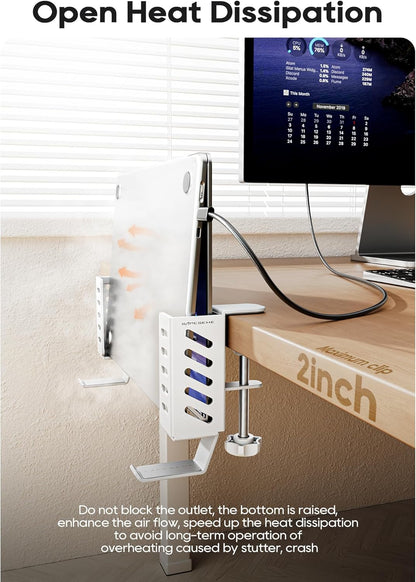 Desk Side Laptop Holder, Desk Side Storage, No Drill Side Desk Organizer, Side Desk Laptop Mount, Tablets Hanging Holder, Clamp on Desk Organizer for Laptops/Tablets/Keyboards/Headphone, White