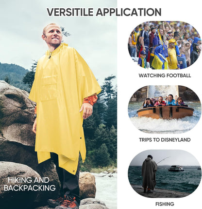 PTEROMY Hooded Rain Poncho for Adult with Pocket, Waterproof Lightweight Unisex Raincoat for Hiking Camping Emergency