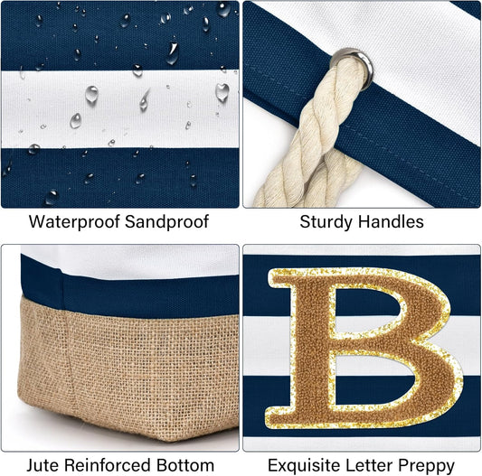 Becokan Beach Bag Initial Beach Tote with Makeup Bag for Travel Work Storage Personalized Birthday Gifts for Women Her