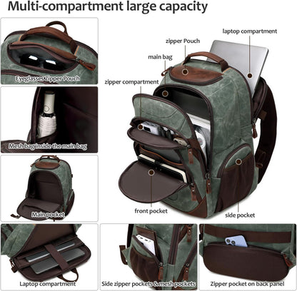 Travel Laptop Backpack 17.3 inch XL Computer Backpack for Men Waxed Canvas College Daypack Business Backpack Army Green